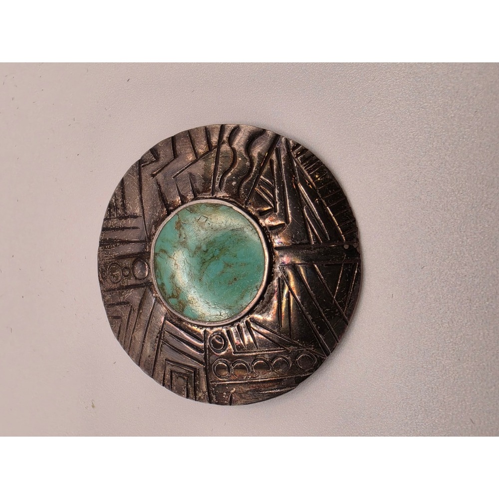 Woods Sterling Silver 925 Turquoise Geometric Tribal Round Brooch Pin 2"